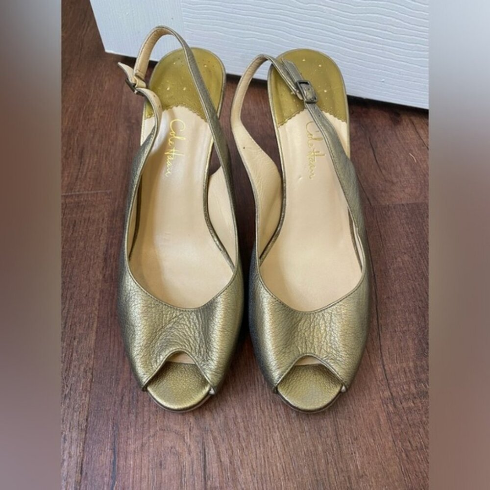 Cole Haan Air Sling Gold Pump High Heel Shoes Peep Toe Womens Size 10B Party